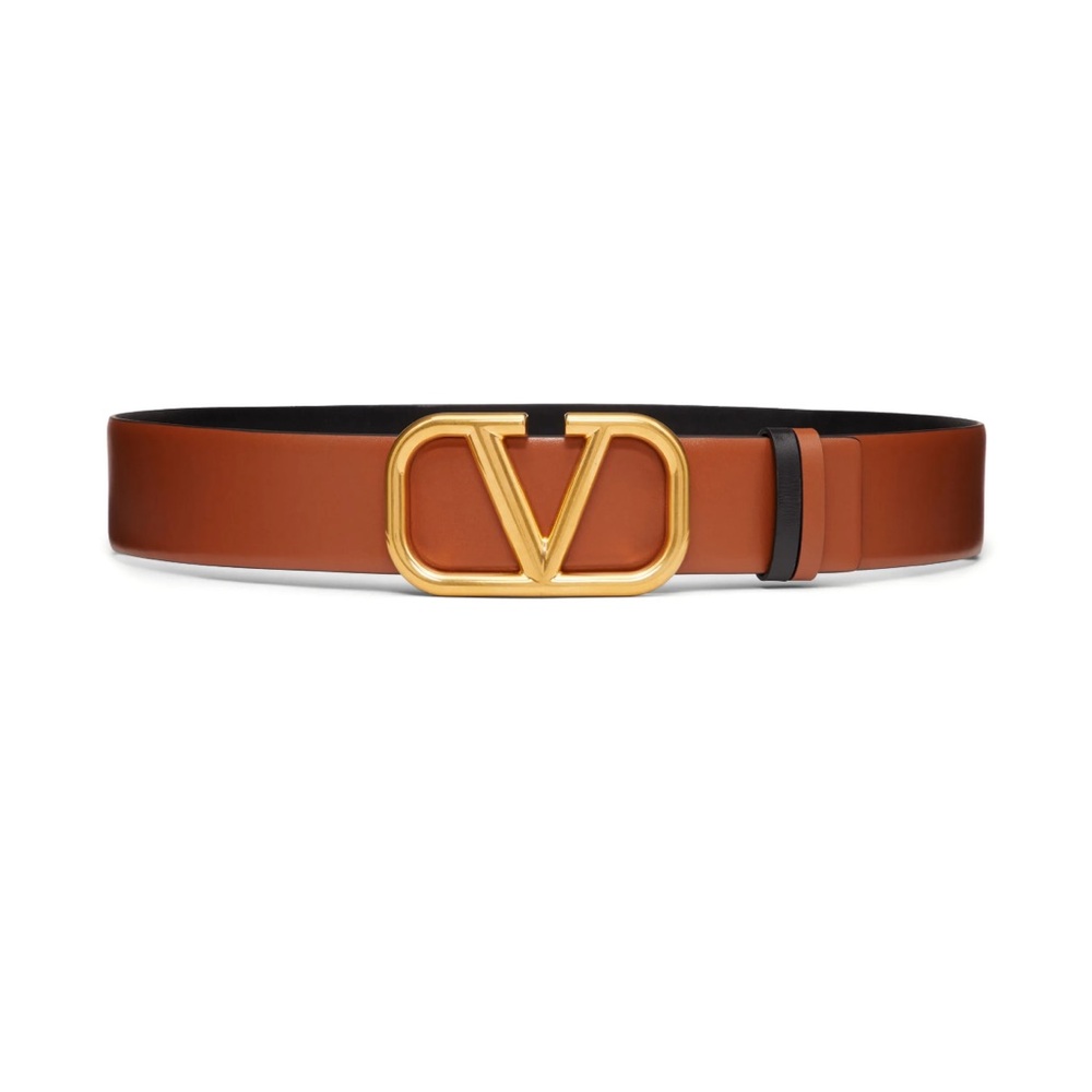 Valentino Brown Leather Belt with Gold V Logo Buckle